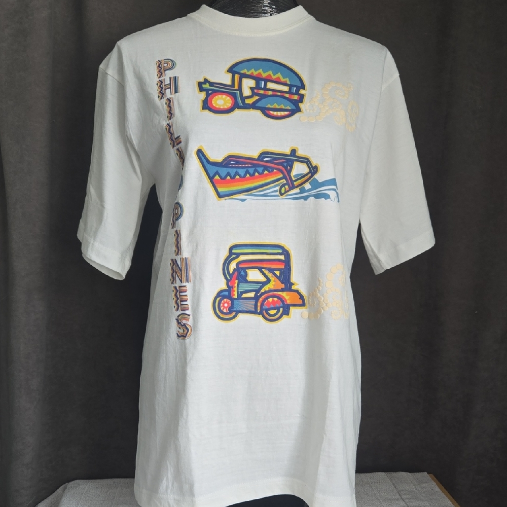 White Graphic Tee with Colorful Vehicle Designs